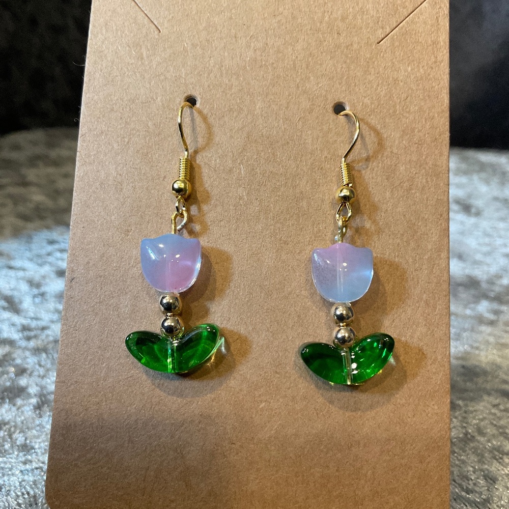 Blue and Pink Tulip Glass Pierced Earrings